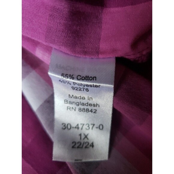 Woman Within Button Up Shirt 1X Plaid Classic Collar Hemline Styling Purple Pink - Picture 10 of 11